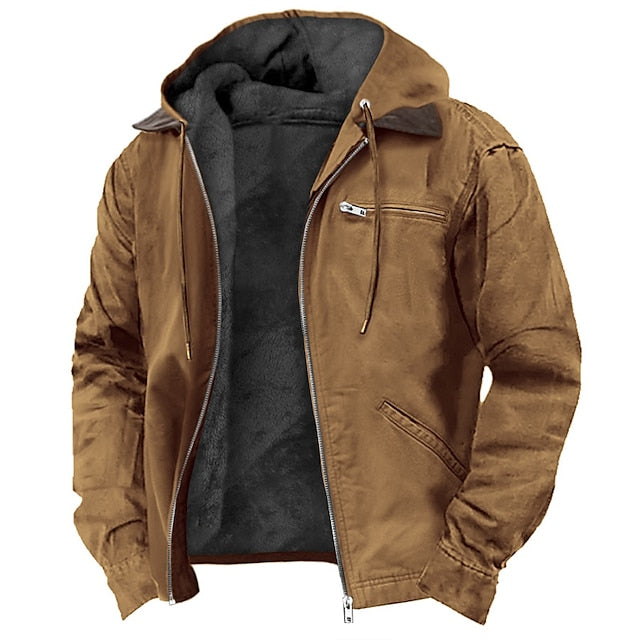 Men's Hooded Suede-Look Jacket – Fleece-Lined Vintage Work Jacket with Full Zip